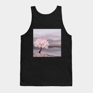 Cherry blossom tree on mountain and water landscape watercolor illustration Spring Japanese scenery Tank Top